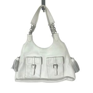 White Genuine Leather Brooks Brothers Tassel Zipper Gusset Handbag